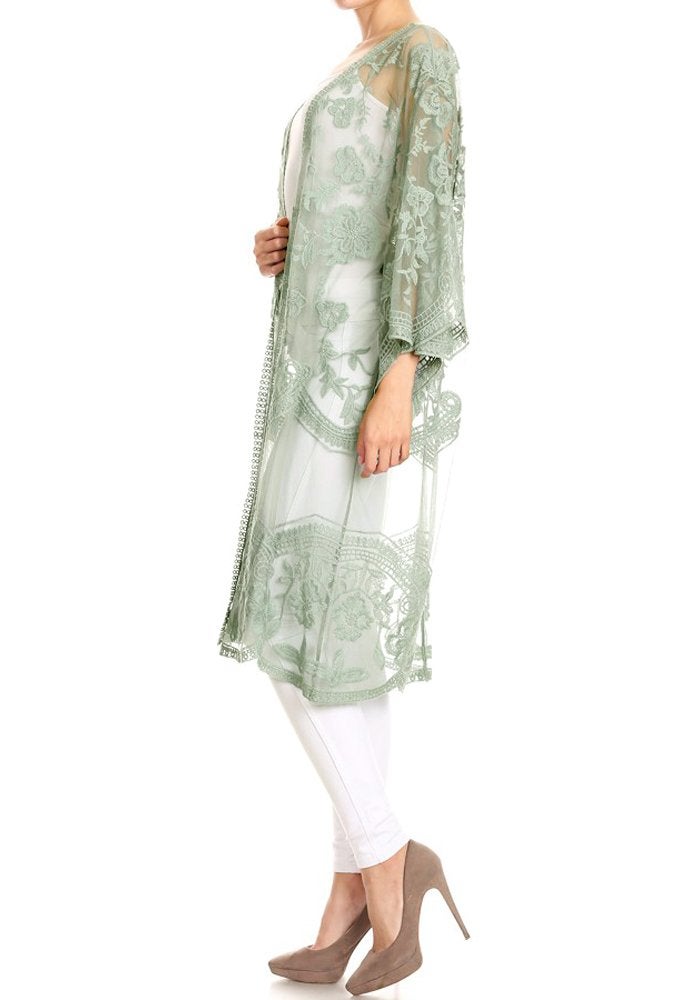 Anna-Kaci Floral Crochet Lace Cardigan for Women Beach Cover Ups Dress Kimono, Green, OneSize - Image 2